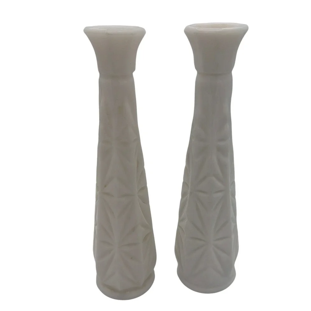 Vintage Milk Glass Bud Vases Pair Starburst Pattern Mid Century Modern 9